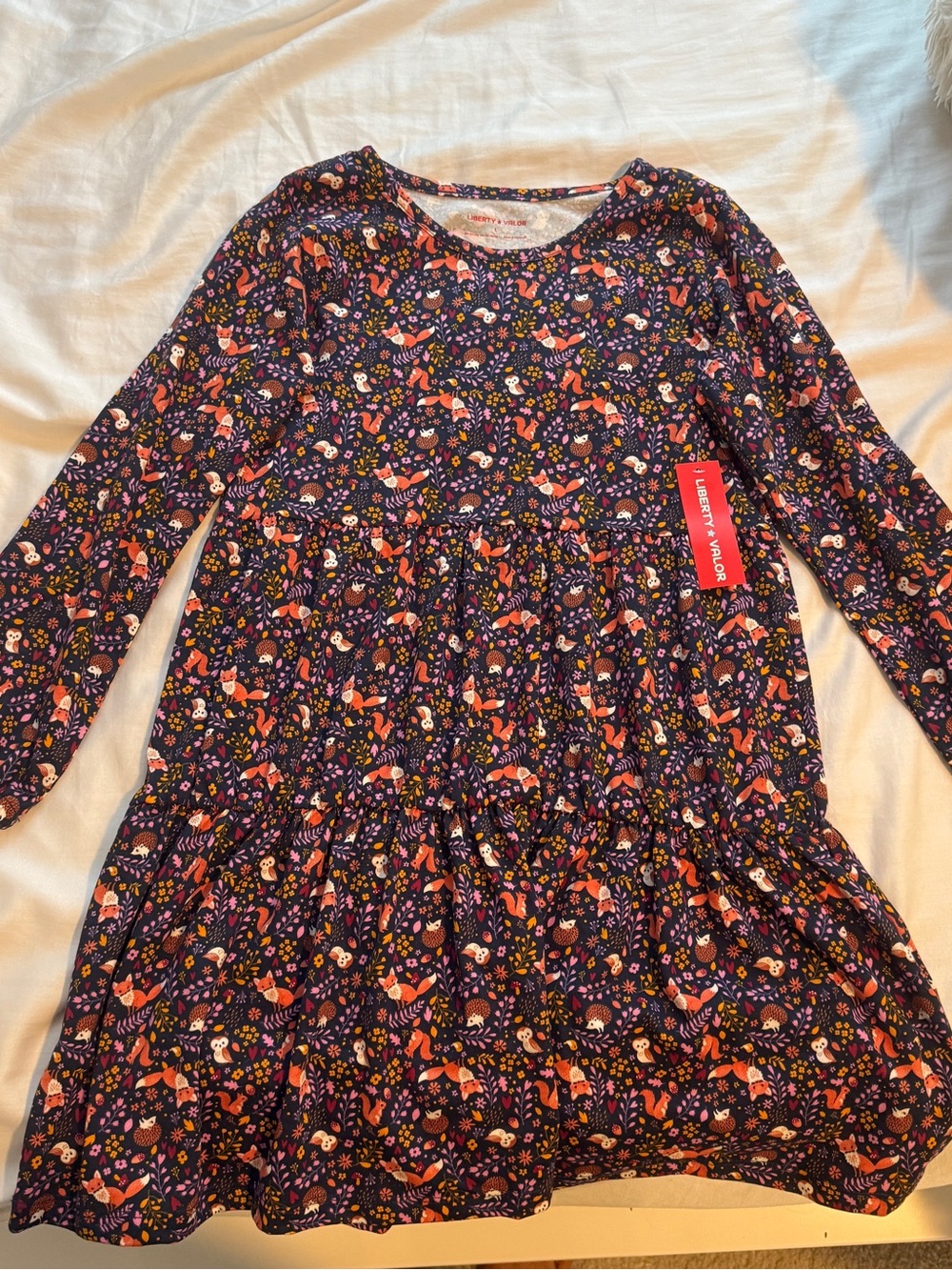 Liberty Valor Girls' Navy Dress with Pink and Orange Fox Print